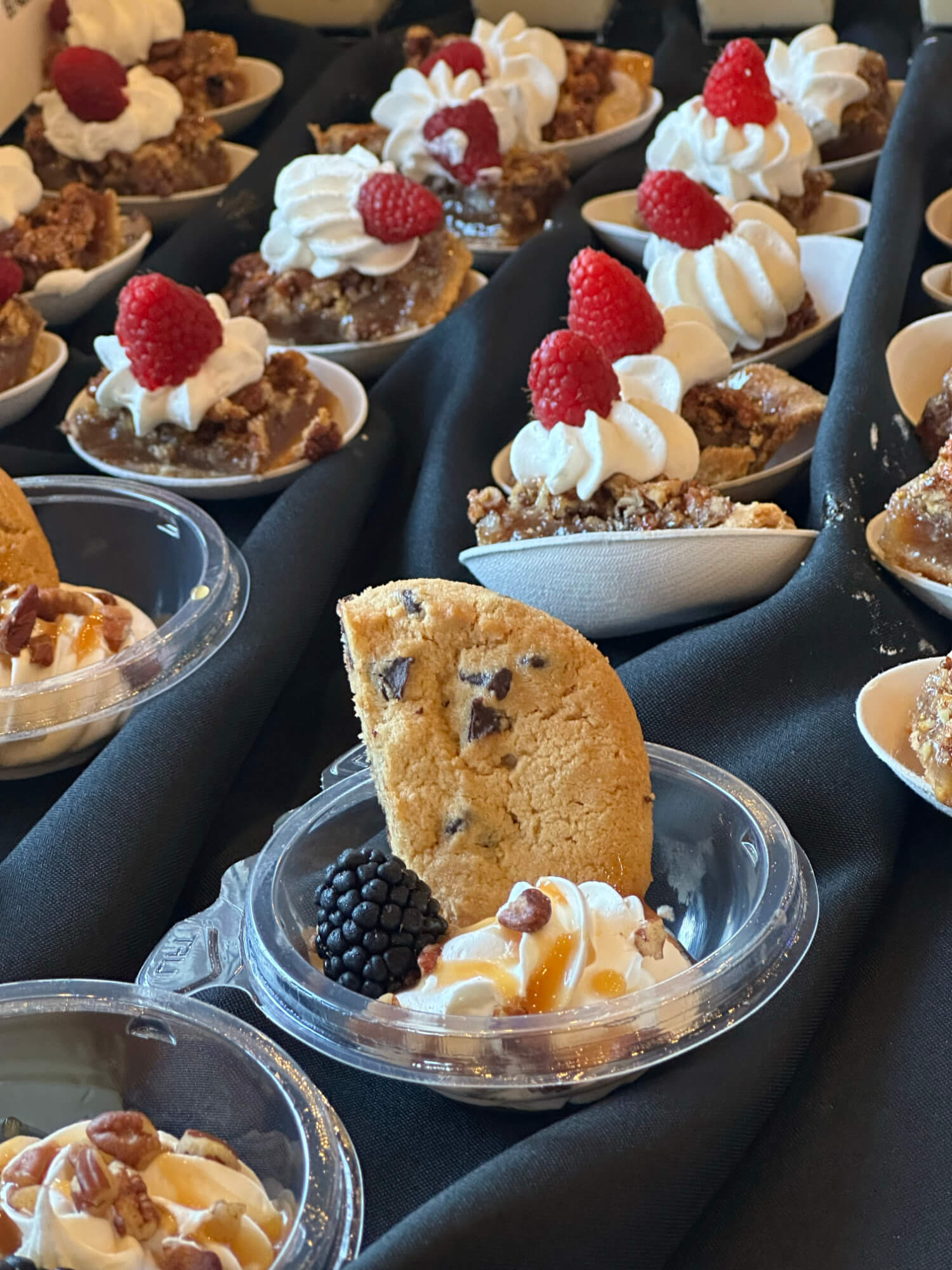 Assorted dessert cups with whipped cream, fresh raspberries, and crumbly bars on black fabric backdrop.